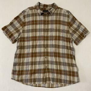 Pendleton Button Up Shirt XL Plaid Brown Linen Blend Short Sleeve Xtra Buttons